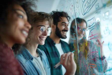 Multicultural group of young professionals sharing ideas and sketching on a glass board during a brainstorming session. Great for depicting teamwork, innovation, education, and startup collaborationの写真素材