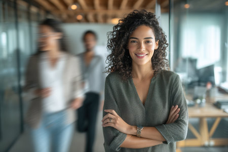 Confident businesswoman with curly hair smiling in a modern office setting with coworkers moving in the background. Perfect for visuals on leadership, empowerment, and business successの写真素材