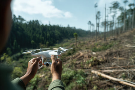 Drone being launched by a person to monitor deforestation in a logged forest zone. Aerial technology used to assess environmental impact and support conservation effortsの素材