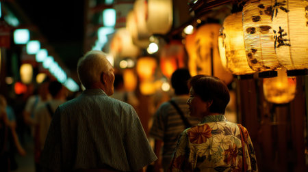 Elderly couple walking along glowing lanterns in a Japanese night market, surrounded by soft warm lights and a crowd, creating an intimate and culturally rich evening moodの素材