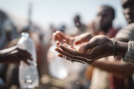 Hands receiving clean water aid under hot sun, a close-up view capturing humanitarian relief and the basic human need for survival in disaster or refugee situationsの素材