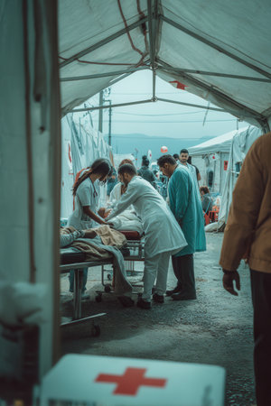 Doctors in white medical coats assist a patient in an emergency field tent during a crisis situation, capturing the urgency and compassion of humanitarian medical aid outdoors.の素材