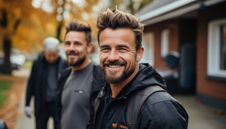 Cheerful bearded man smiles warmly in an outdoor autumn setting with colorful trees in background, symbolizing happiness, lifestyle and positive emotions. Great for editorial and commercial useの素材