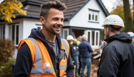 Smiling construction worker in bright orange vest stands near house under construction, with colleagues in helmets working behind. Ideal for editorial, business and industry use.の素材