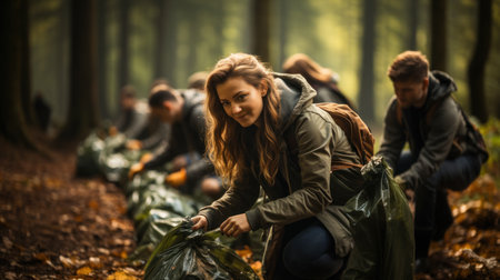 Smiling woman volunteering in forest cleanup, participating with group in environmental action for sustainability and nature protection.の素材