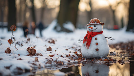 Snowman with red scarf and carrot nose standing in a snowy park with autumn leaves and sunset reflection in the waterの素材