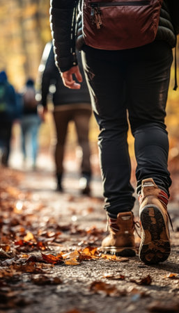 Hiking boots walking on a forest trail covered with autumn leaves, symbolizing outdoor adventure, trekking, camping and travel lifestyle in nature.の素材