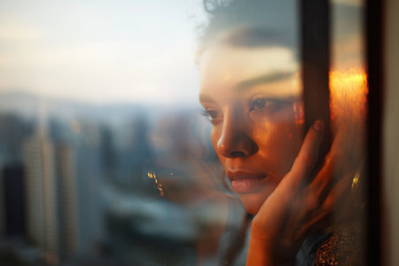Woman gazing thoughtfully through a window at sunset with warm light reflections creating an emotional cinematic portraitの素材