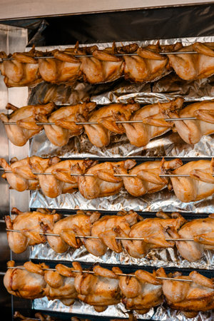 Roasted chickens on skewers. Juicy roasted chickens on skewers in a rotisserie grill, golden brown...