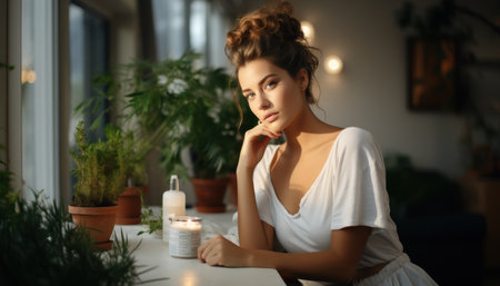Peaceful woman resting by window with candlelight and green plants, representing relaxation and mindful living. Perfect for wellness, beauty, and lifestyle visuals.の素材