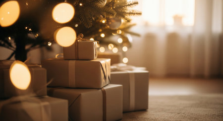 Warm festive composition of wrapped Christmas presents placed under a softly glowing tree with bokeh lights, creating a cozy holiday mood perfect for design, advertising and lifestyle visuals.の素材