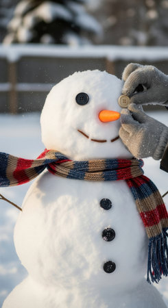Person with gloves adds button eyes to a snowman dressed in a colorful scarf on a snowy winter day, ideal for festive family scenes, holiday storytelling, and cheerful seasonal design projects.の素材