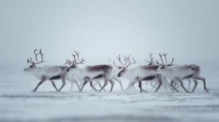 Group of reindeer walking through snowy Arctic tundra, representing wildlife freedom, migration, and natural beauty. Ideal for environmental projects, editorials, and travel publications.の素材