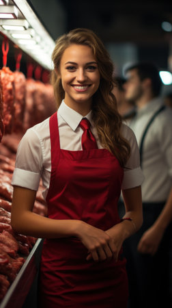 Happy female butcher in red apron smiling at meat counter in a market, representing service, professionalism, and small business spirit.の素材