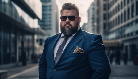 Bearded businessman wearing blue suit and sunglasses poses confidently in modern city environment, symbolizing success, confidence, and executive leadership.の素材