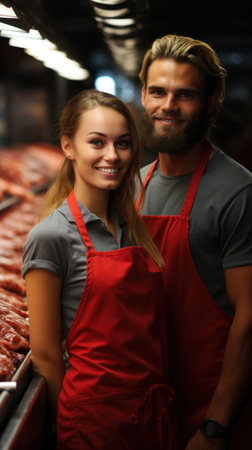A man and a woman are standing in a meat market. The woman is wearing a red apron and smiling, while the man is wearing a gray shirt and a red apronの素材