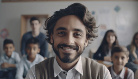 Happy teacher smiling with his students in a lively classroom, representing education, learning, and positive communication between teacher and children.の素材