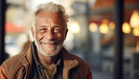 Cheerful elderly man smiling warmly in soft outdoor light, symbolizing wisdom, optimism, and authentic lifestyle moments. Ideal for editorial, community, or people-oriented visuals.の素材