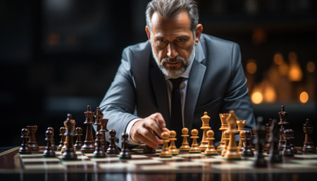 Focused mature businessman in formal suit playing chess at table, representing leadership, intelligence, and strategic thinking. Perfect for business strategy, success, and management projects.の素材