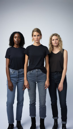 Confident diverse women standing together representing empowerment, strength, and equality in a modern minimalist studio portrait.の素材