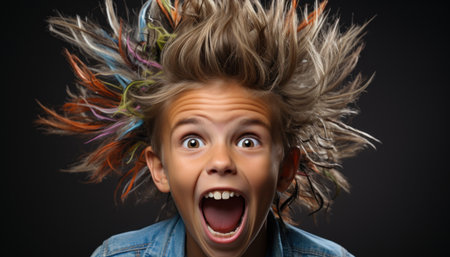 Energetic child with wild spiky multicolored hair and wide-open mouth expresses surprise and joy. Ideal for creative projects, kids' fashion, and playful lifestyle imagery.の素材