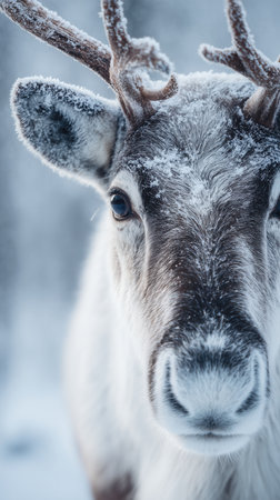 Close-up of reindeer with snow and frost on fur and antlers, symbolizing wildlife strength and Arctic tranquility. Ideal for environmental projects, editorials, and winter campaigns.の素材