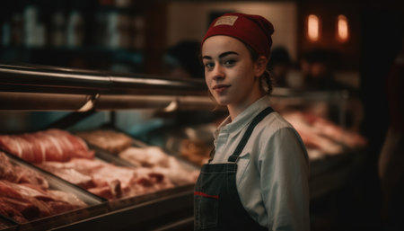 Young female butcher in apron standing proudly behind the meat counter in a cozy butcher shop, symbolizing traditional craftsmanship and small business spirit.の素材
