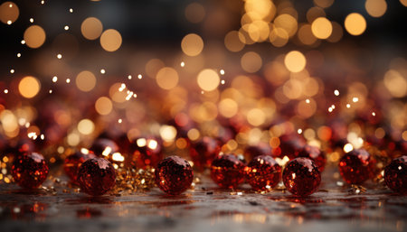 Sparkling red ornaments and golden glitter shimmer against a backdrop of festive bokeh lights. Captures the essence of holiday magic for seasonal promotions or joyful celebrations.の素材