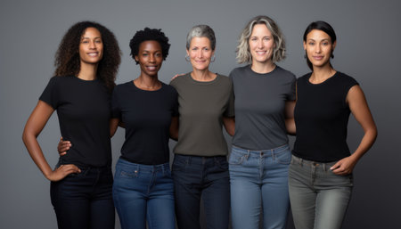 Diverse women of various ages standing together in unity and confidence, representing empowerment, equality, and support in a modern studio portrait.の素材