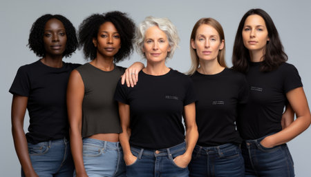 Group of five diverse women of different ages and ethnicities standing together, looking at the camera. This scene represents female empowerment, unity, and diversity. Ideal for campaigns promotingの素材