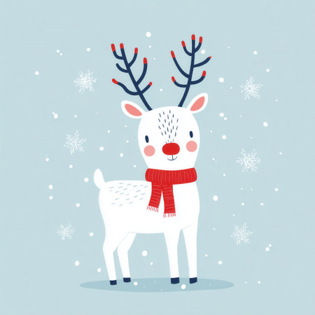Charming winter illustration featuring a cute white reindeer with a red scarf in falling snow, ideal for Christmas cards, holiday decor, and seasonal prints.の素材