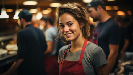 Smiling young woman wearing apron stands in busy restaurant kitchen. Warm lighting and blurred background create an atmosphere of teamwork and energy. Ideal for culinary, hospitalityの素材