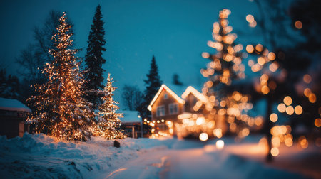 Snowy winter street with glowing Christmas trees and illuminated house, symbolizing festive warmth, peace, and holiday spirit. Ideal for greeting cards and holiday marketing.の素材