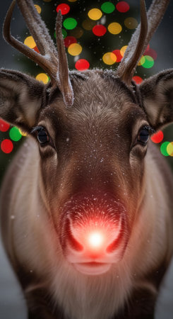 Close-up portrait of reindeer with glowing red nose and Christmas lights in background, symbolizing festive joy, winter wonder, and holiday spirit. Ideal for cards and holiday marketing.の素材
