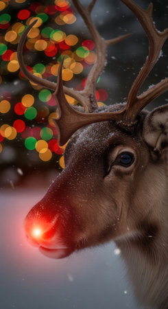 Close-up of Christmas reindeer with bright red nose in snowy night light bokeh, symbolizing festive magic and winter spirit. Ideal for holiday cards and seasonal advertising.の素材