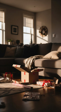 Cozy living room with scattered presents and open boxes illuminated by morning sunlight, symbolizing family warmth, holiday preparation, and seasonal celebration.の素材