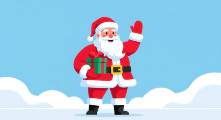 Smiling cartoon Santa Claus with gift box waving on snowy background under blue sky, ideal for Christmas cards, website banners, festive marketing and seasonal creative projects.の素材
