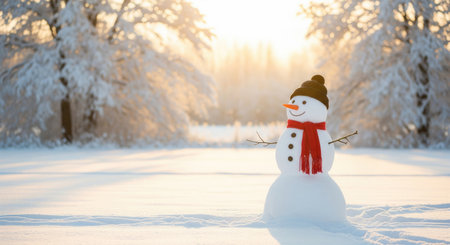 Charming snowman in a red scarf and hat standing in a snowy forest illuminated by morning sunlight, ideal for festive holiday greetings, winter advertising, and cheerful seasonal visuals.の素材