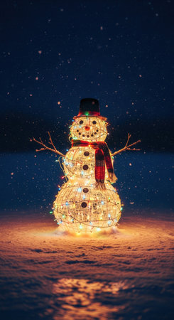 Radiant snowman sculpture wrapped in colorful lights with a scarf and hat glowing in the snow at night, ideal for holiday campaigns, festive greeting cards, and enchanting winter visuals.の素材