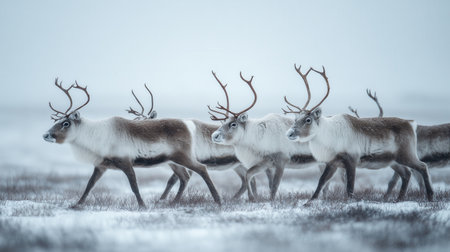Herd of reindeer walking through frozen Arctic tundra, representing wildlife harmony, endurance, and freedom. Ideal for nature documentaries, travel publications, and environmental projects.の素材
