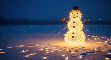 Radiant snowman covered in glowing lights standing on a snowy field at night, surrounded by sparkling reflections, ideal for Christmas campaigns, seasonal designs, and winter celebration imagery.の素材