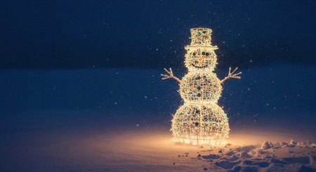 Glowing snowman made of twinkling lights standing in the snow at night, radiating warmth and cheer in a serene winter landscape, perfect for Christmas campaigns and festive design projects.の素材