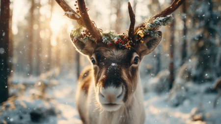 Reindeer with festive decorated antlers standing in snowy forest at golden sunset, symbolizing Christmas spirit, peace, and winter wonder. Ideal for holiday greeting cards and seasonal campaigns.の素材