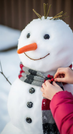 Child adds festive details to a snowman with a striped scarf and carrot nose on a snowy winter day, ideal for Christmas family moments, holiday advertising, and joyful seasonal storytelling.の素材