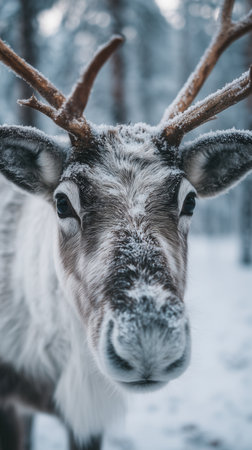 Reindeer standing in snowy winter forest, captured in close-up detail, symbolizing wildlife grace, peace, and Arctic beauty. Ideal for nature magazines, travel stories, and environmental projects.の素材