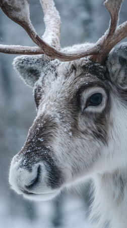 Close-up reindeer portrait in snowy winter forest, symbolizing strength, calm, and Arctic wilderness. Ideal for nature documentaries, travel photography, and environmental campaigns.の素材
