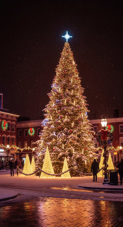 Majestic Christmas tree illuminated with golden lights in a snowy city square, symbolizing festive joy, winter celebration, and community spirit.の素材