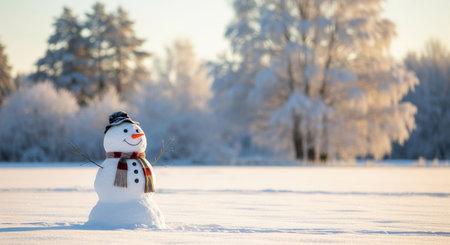 Joyful snowman with a scarf and hat standing in a sunny snowy field with frosted trees in the background, ideal for festive greetings, winter promotions, and cheerful holiday visuals.の素材