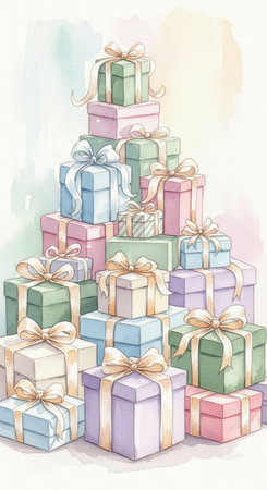 Watercolor stack of pastel wrapped gifts with golden ribbons and bows, symbolizing luxury and celebration. Ideal for greeting cards, product packaging, or seasonal advertising visuals.の素材