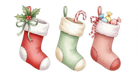 Watercolor Christmas stockings filled with sweets, candy canes, and holly leaves, designed in soft pastel colors, ideal for greeting cards, festive prints and holiday decorations.の素材